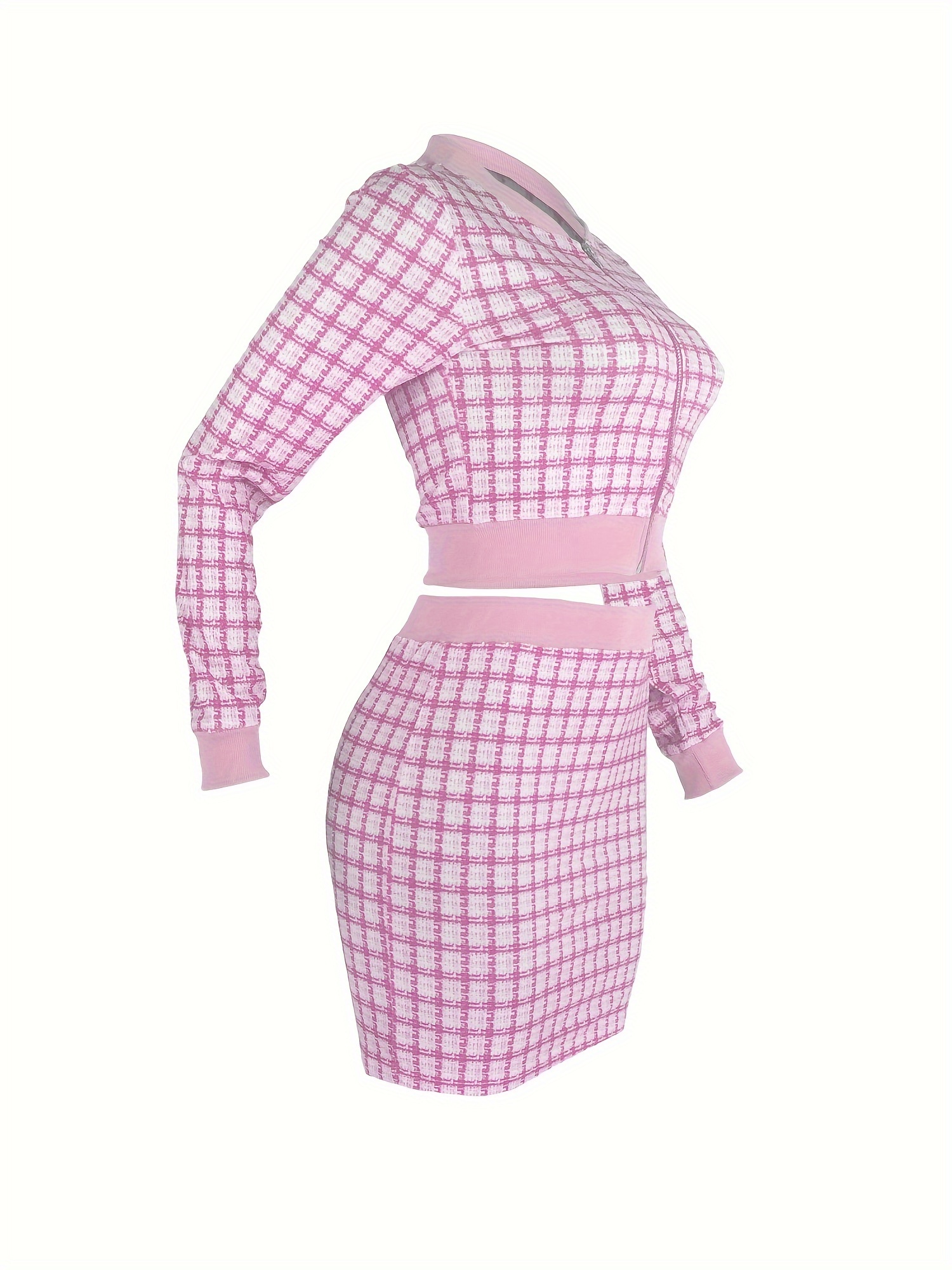 elegant plaid matching two piece set crop zip up jacket bodycon skirt outfits womens clothing details 49