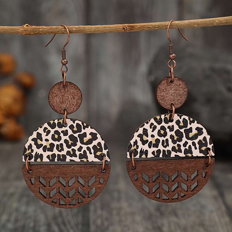 Round Shape Leopard Cross Pattern Dangle Earrings Retro Western Style Wooden Jewelry Fall Winter Ear Ornaments
