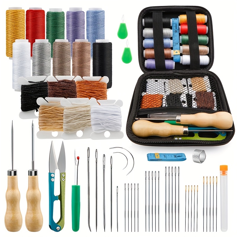 

59pcs Leather Sewing Kit Leather Needles For Hand Sewing, Heavy Duty Sewing Upholstery Repair Kit Waxed Thread Large-eye Stitching Needles For Carseat Backpack Carpet Boots Shoes Canvas Sofa