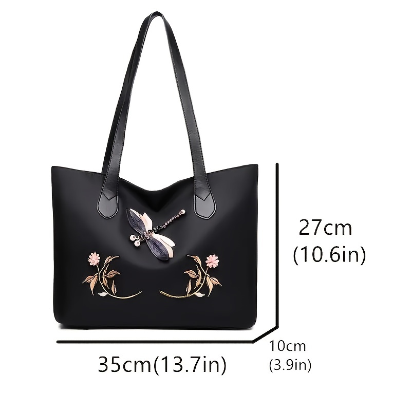 Dragonfly & Flower Patched Tote Bag Large Capacity Shoulder Bag