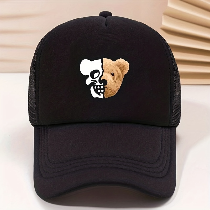 Skull Bear Print Trucker Hat Hip Hop Mesh Baseball Cap