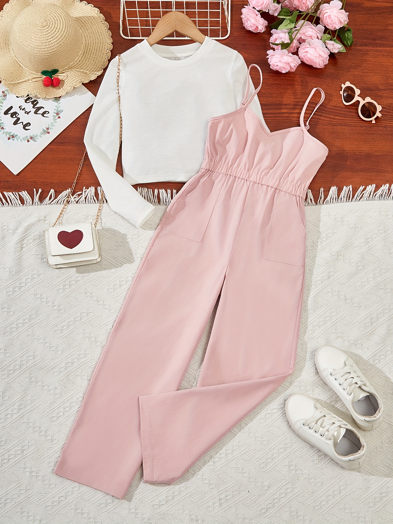 Solid Long Sleeve Pullover + Cami Jumpsuit Set Comfy Outfits - Temu