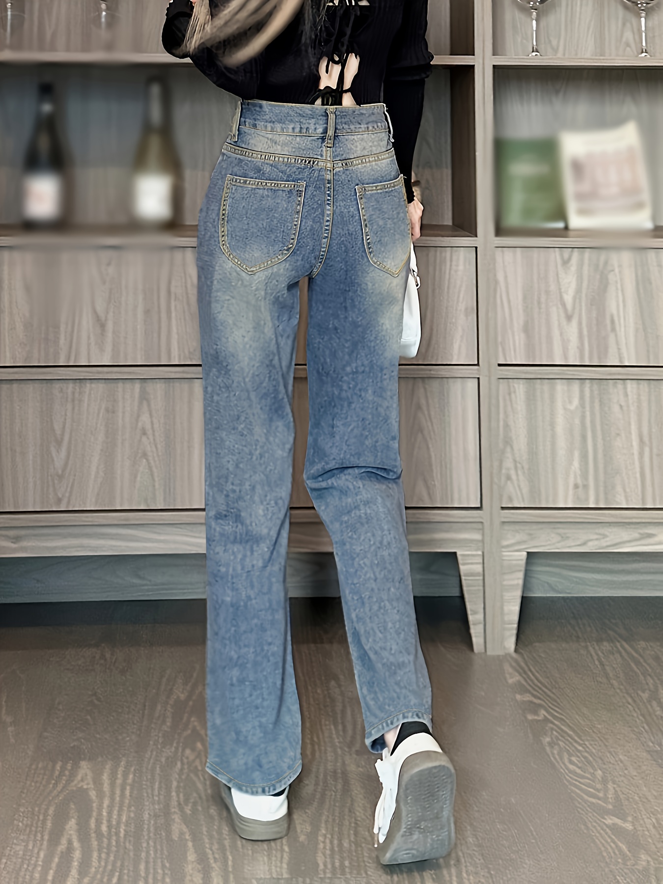 Estiramiento de la cintura alta jeans jeans casuales azules de