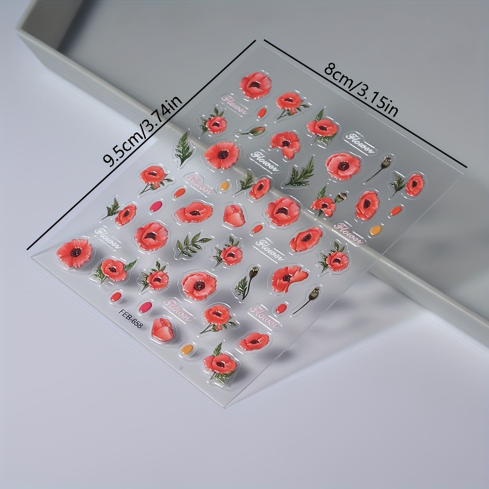 5D Embossed Waterproof Nail Art Decals, Red Flower Designs