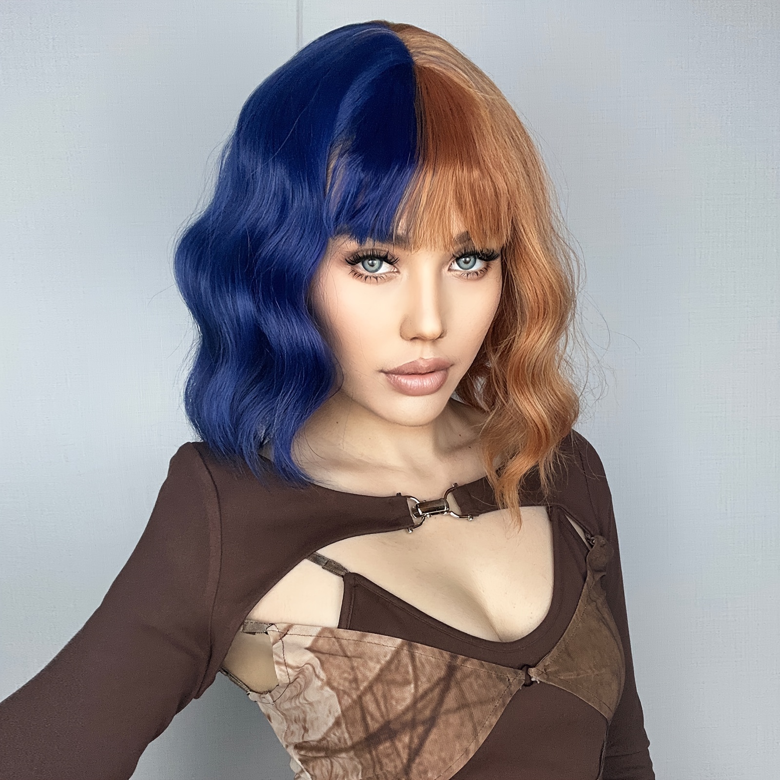 Synthetic Women s Wig Blue Brown Bangs Wavy Short Hair Daily Temu