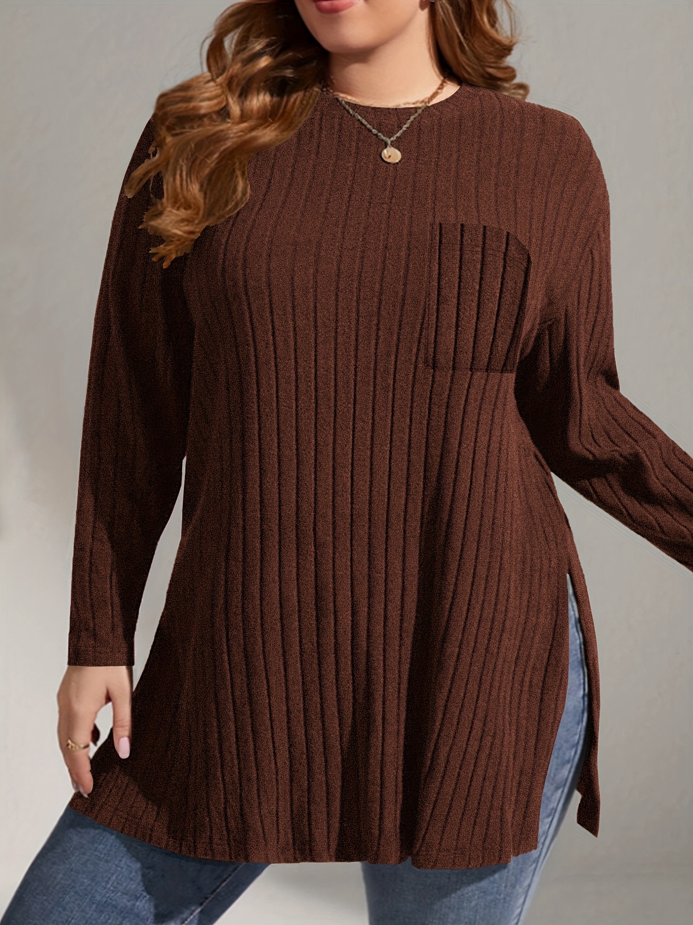 Plus Size Casual Knit Top, Women's Plus Solid Long Sleeve Round Neck Split  Hem Knit Top