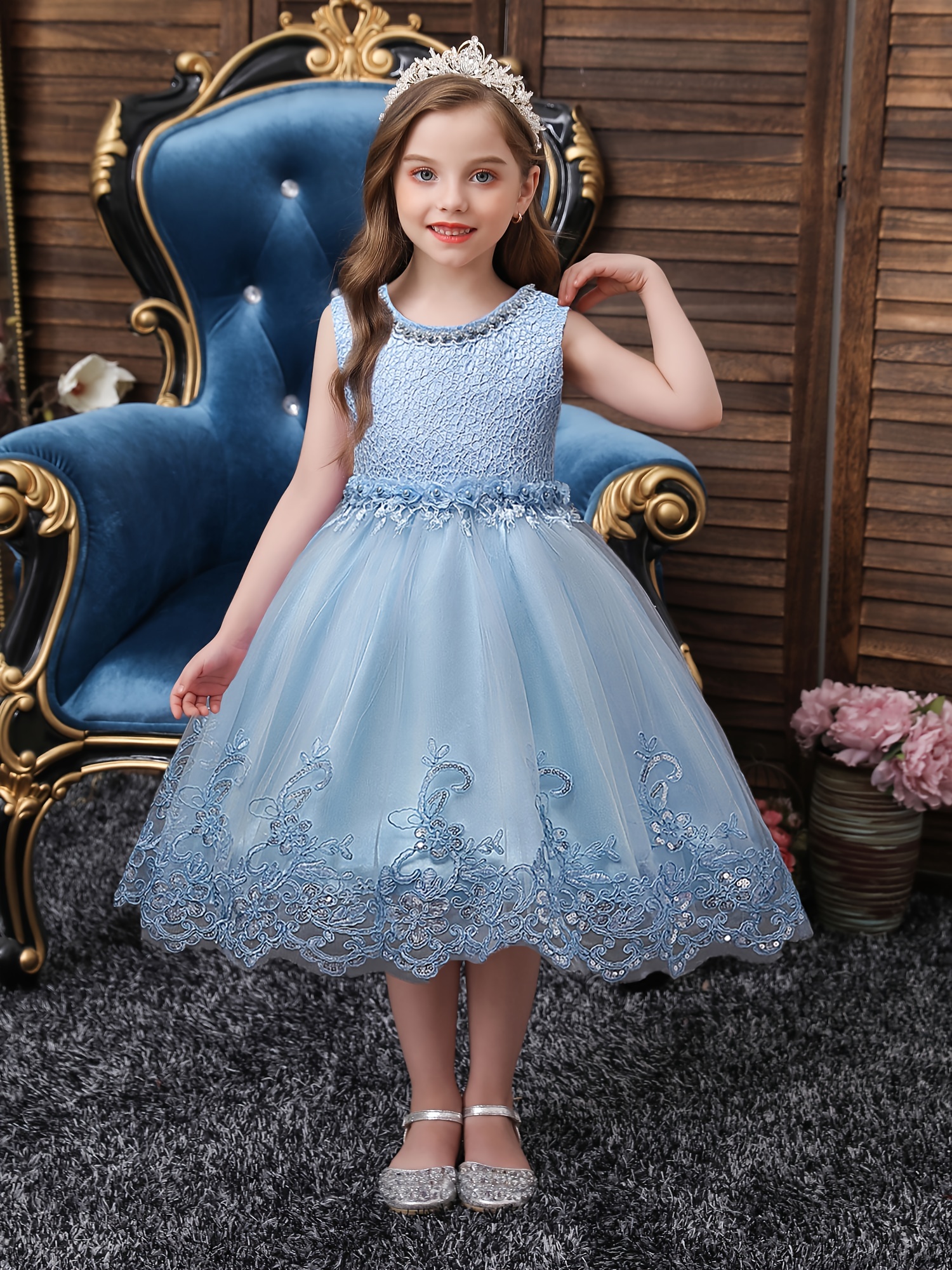 Vestido Azul Para Niñas de Encajes Princesa Fiesta Quinces Bodas Cumpleaños  Bebe