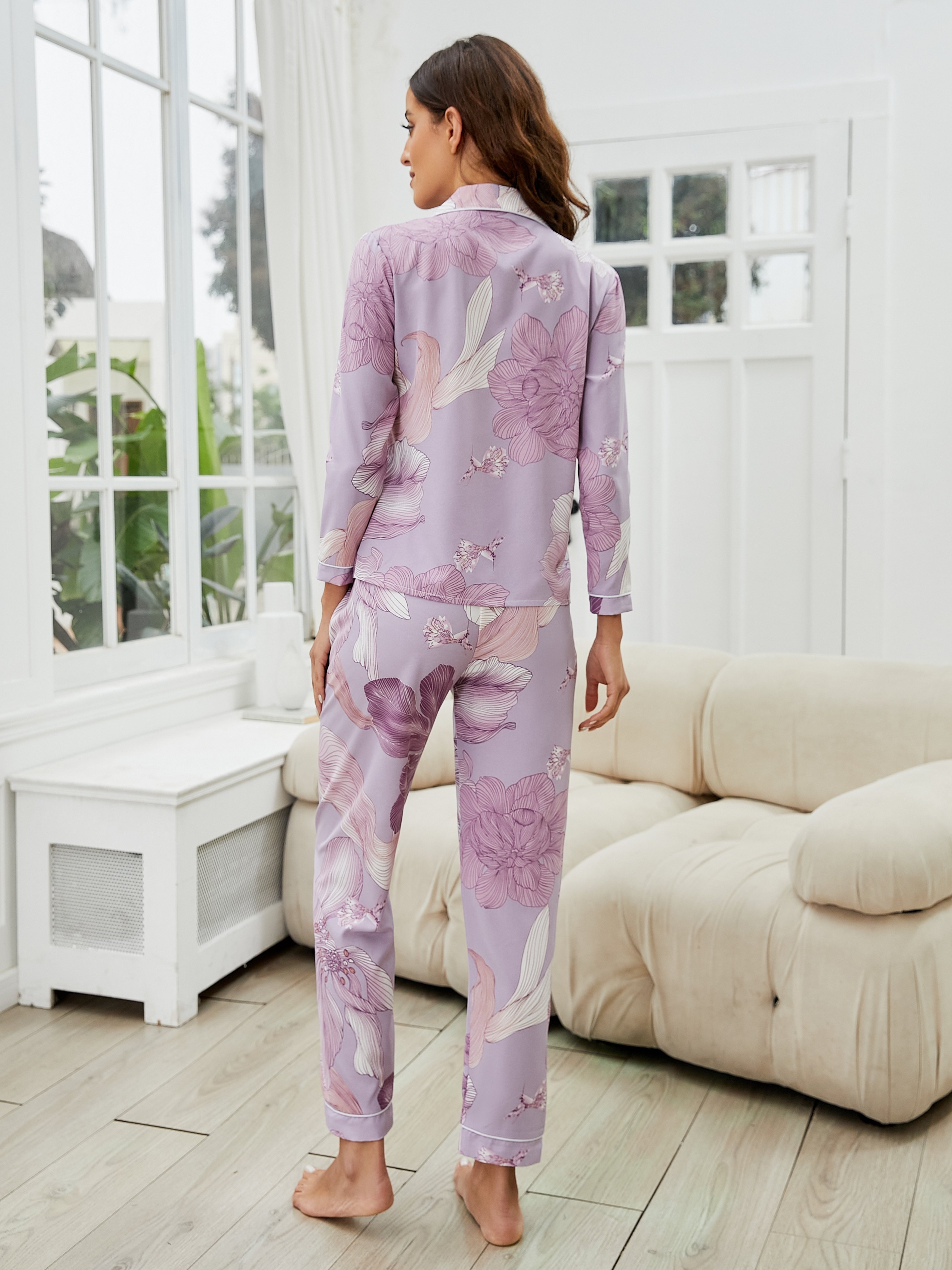 Elegant Floral Print Pajama Set, Long Sleeve Button Up Top & Elastic  Waistband Pants, Women's Sleepwear & Loungewear - Temu