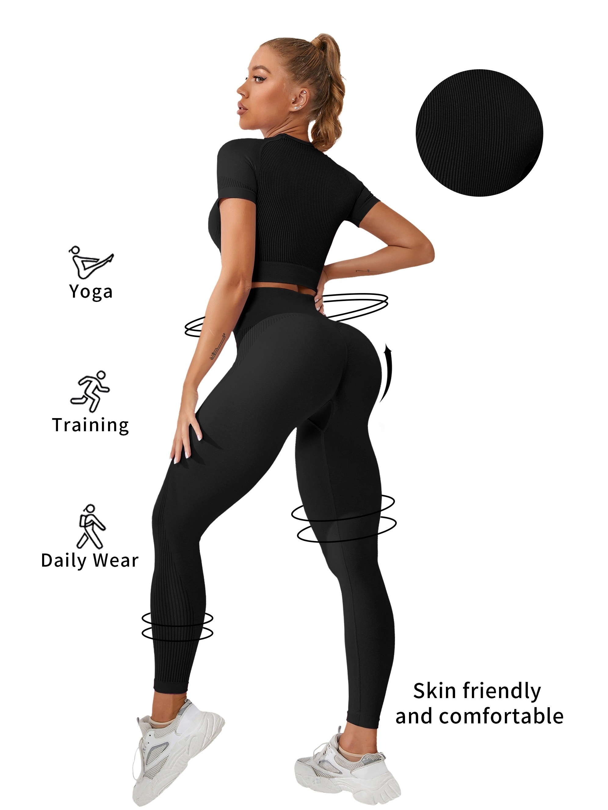 Women's Workout Sets 2 Piece Solid Color Clothing Suit Rice White Black  Yoga Fitness Gym Workout Tummy Control Butt Lift Breathable Sport  Activewear S