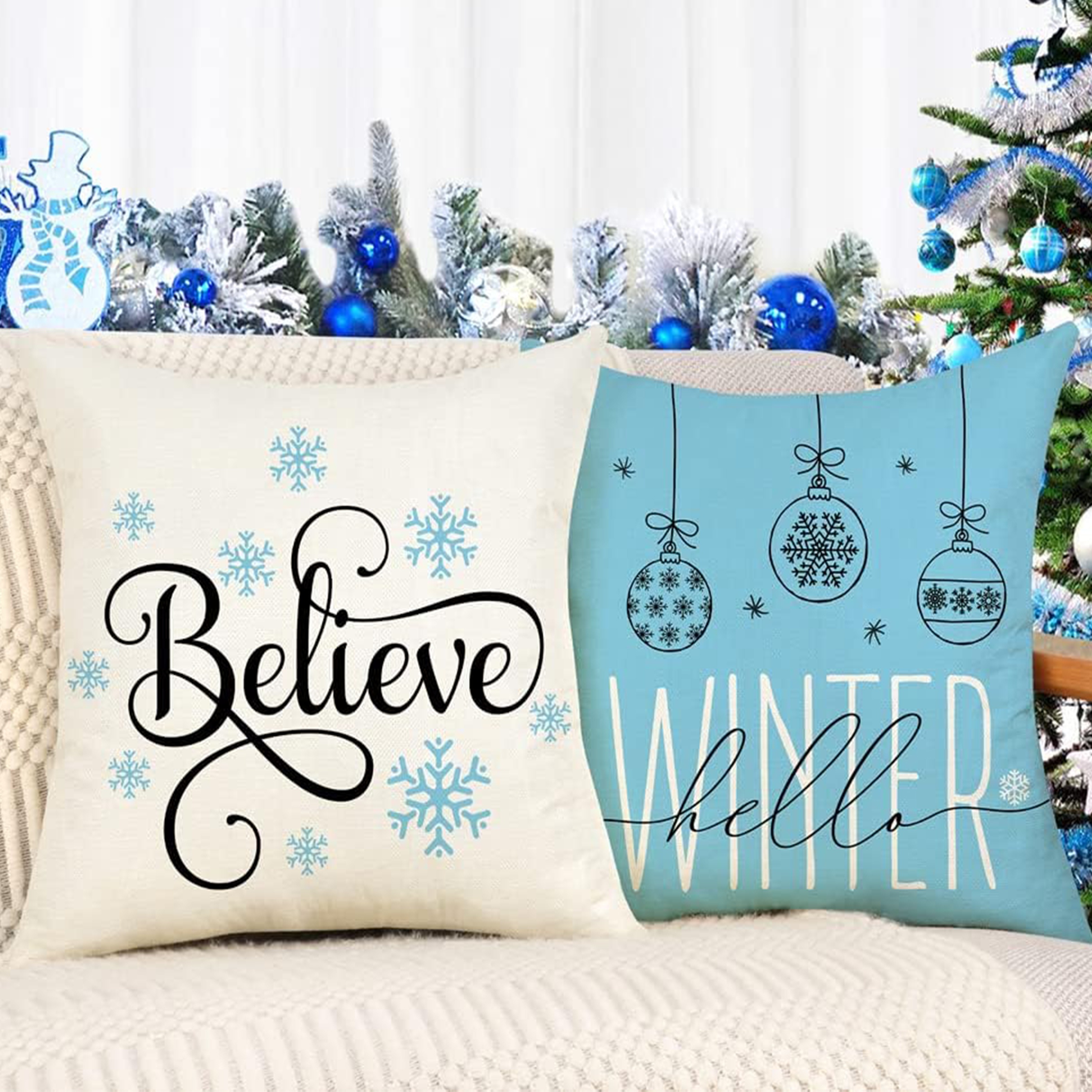 Merry Christmas Square 18 Throw Pillow Cover (Set of 4) Blue