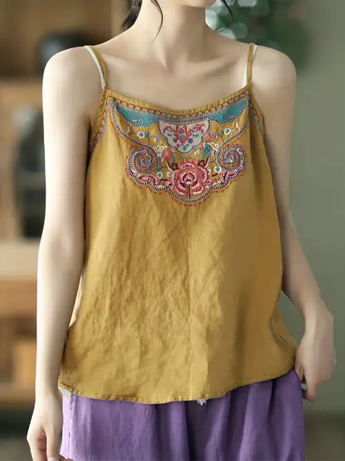 Floral Embroidered Cami Tang Suit Ethnic Spaghetti - Temu