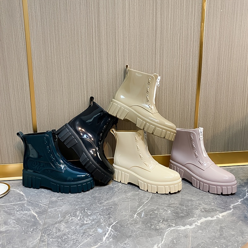 Women's Platform Ankle Rain Boots, Solid Color Front Zipper Non-Slip Waterproof Shoes, Casual Outdoor Shoes,Temu