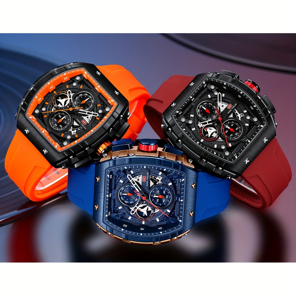  multifunctional mens quartz watch luminous tonneau pointer sports wrist watch with silicone strap details 6