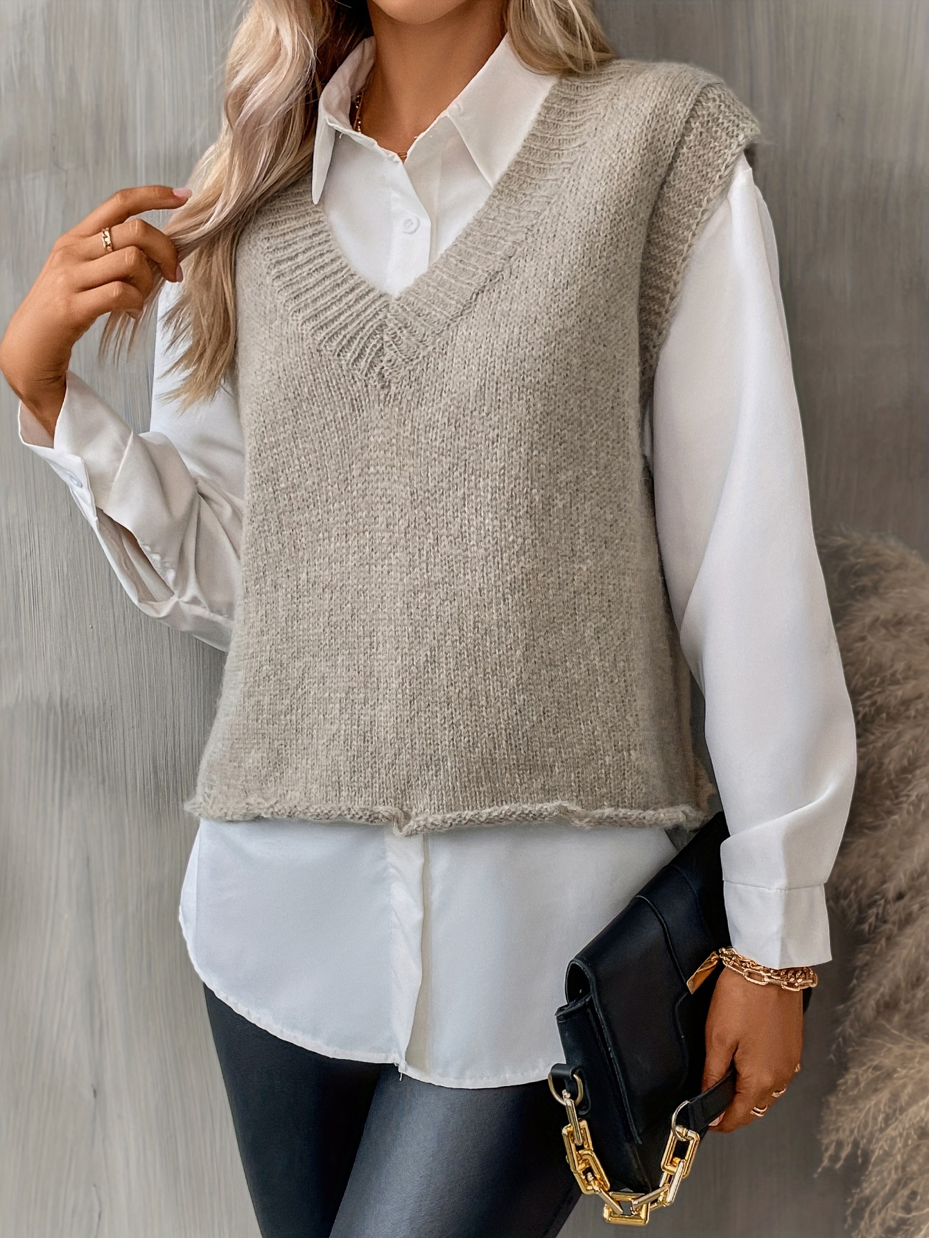 Solid Color V Neck Pullover Sweater Sleeveless Knitted Tank - Temu