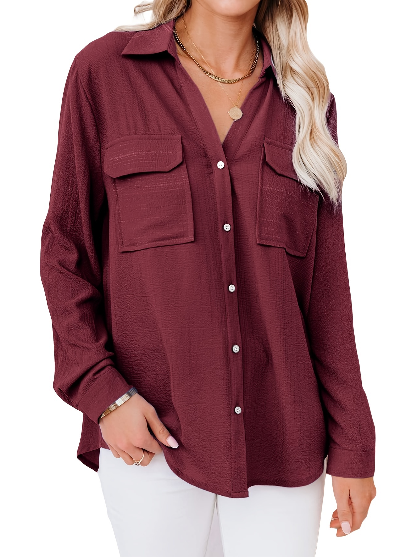 V-neck Loose Lapel Blouses, Casual Pocket Button Down Long Sleeve Fashion  Shirts Tops, Women's Clothing