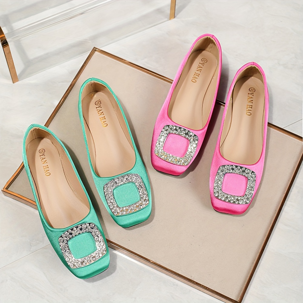 

Women's Rhinestone Buckle Decor Flats, Elegant Square Toe Slip On Satin Shoes, Comfy Soft Sole Ballet Flats