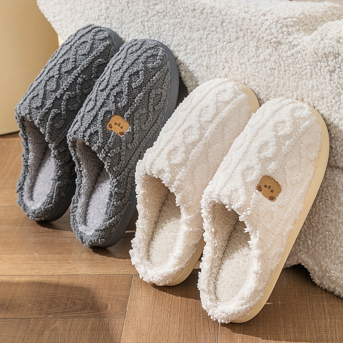 

Solid Color Home Warm Slippers, Slip On Soft Sole Flat Non-slip Fuzzy Shoes, Winter Plush Cozy Slides Shoes