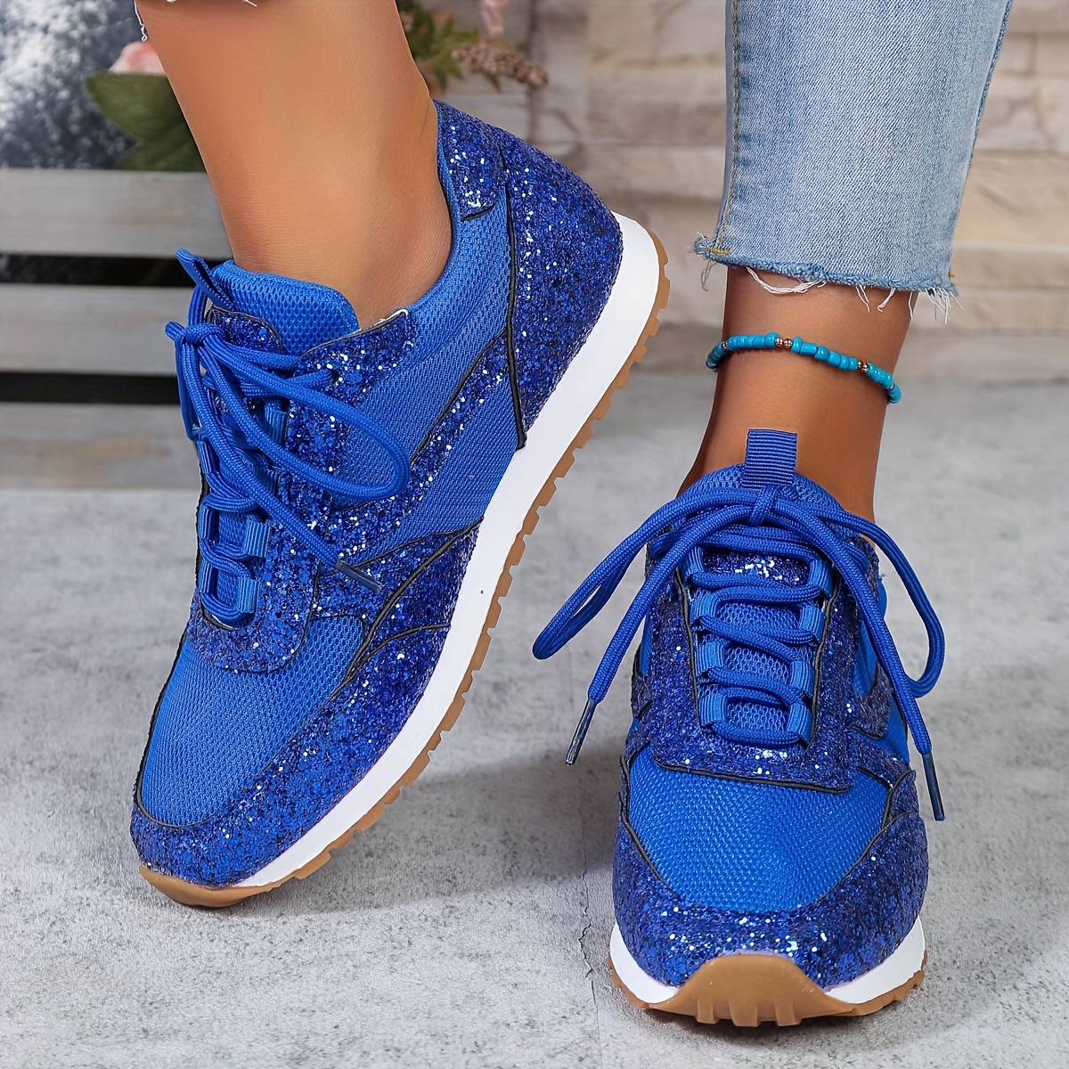 Breathable Lace Mesh Sequin Sneakers Women'S Tennis Shoes Thick