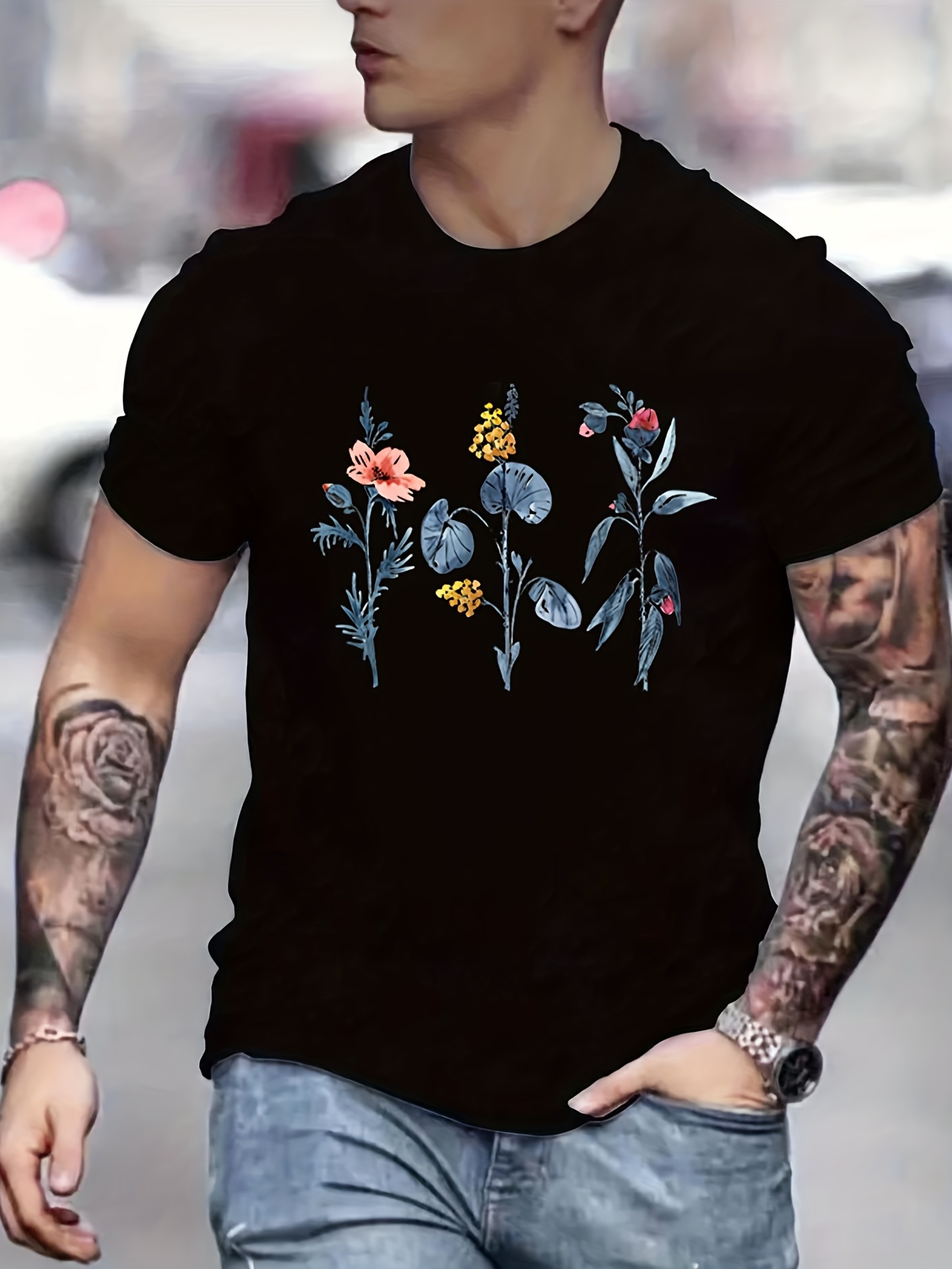 Mens Vintage Round Neck Printed Short-sleeved T-shirts