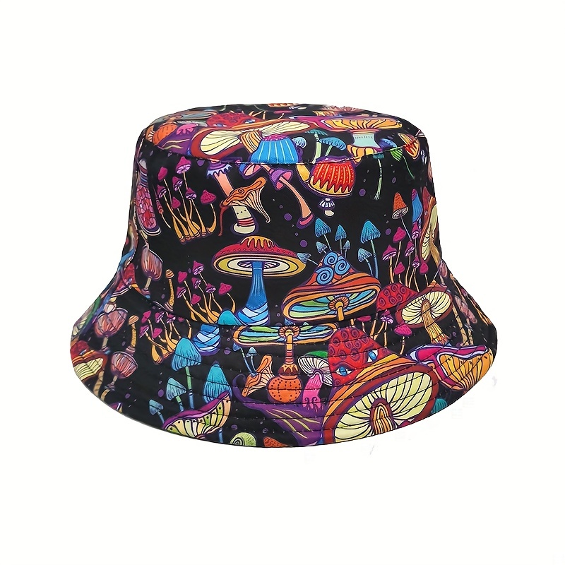 

Mushroom Print Reversible Bucket Hat Hip Hop Graffiti Casual Fisherman Unisex Basin Hats For Women Men