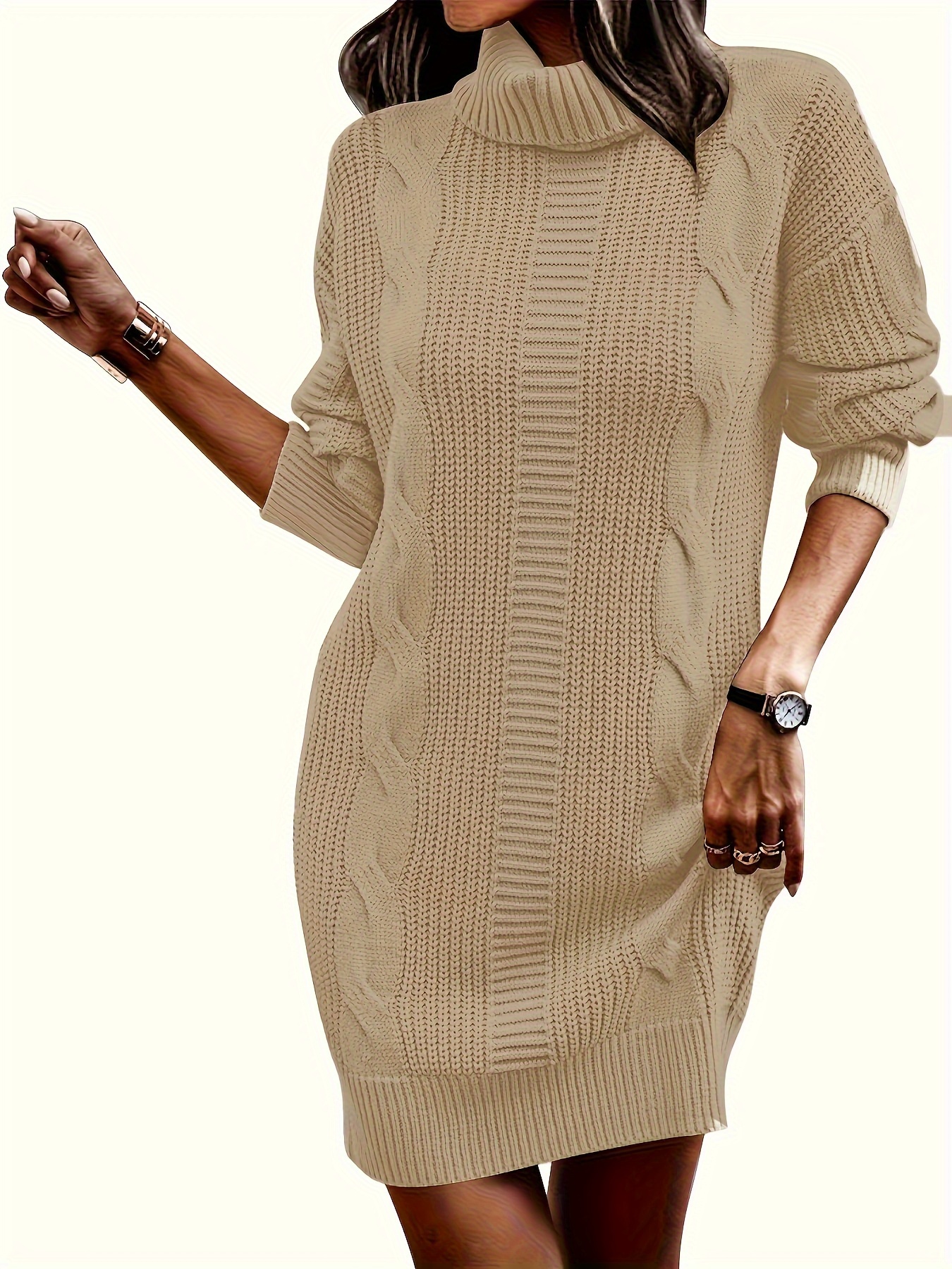 Vestido de suéter de punto de cable de cuello alto de manga larga para  mujer Vestidos largos con hombros caídos