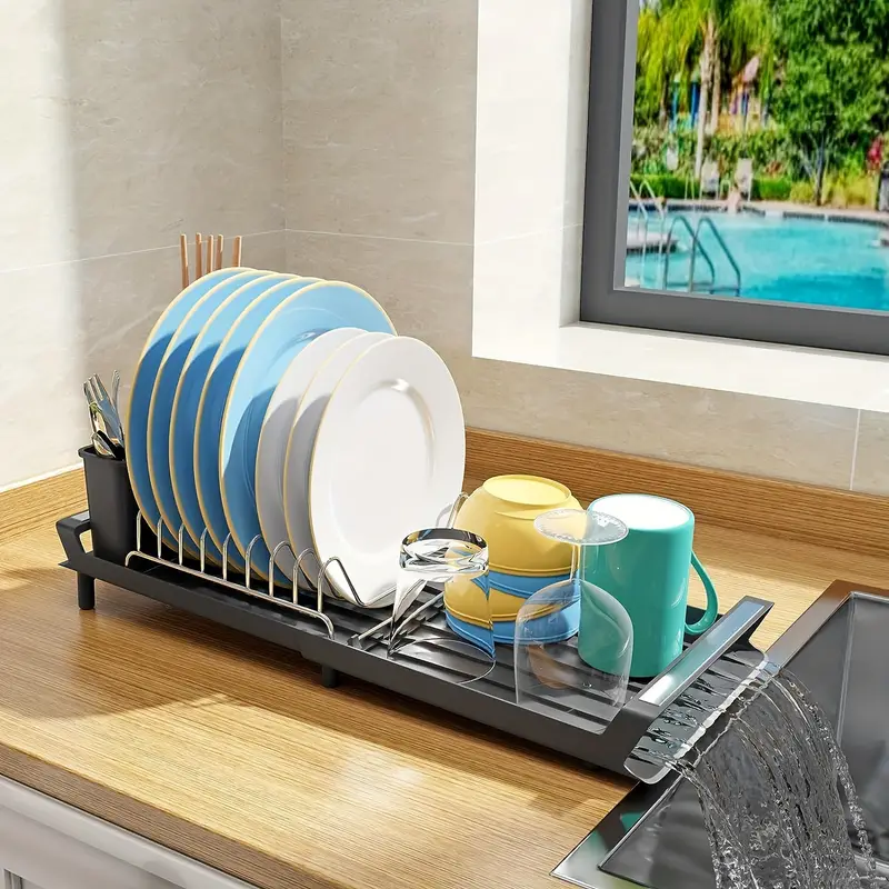 Dish Drying Rack, Extendable Dish Drainer Rack With Drainboard Set, Utensil  Cup Holder For Kitchen Counter Cabinet, Kitchen Accessories - Temu