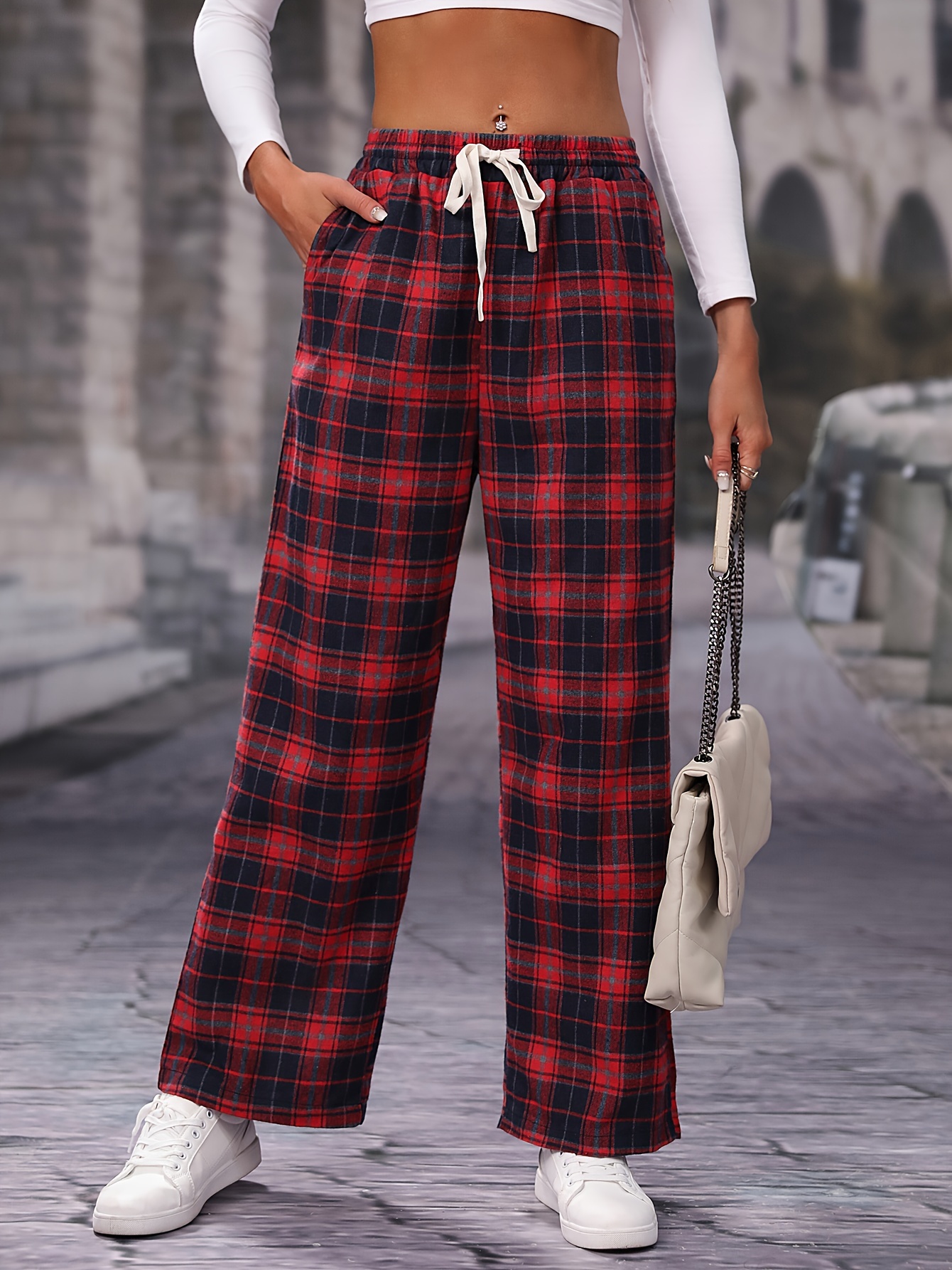 Syiwidii vintage plaid pants elastic waist pants women high waist