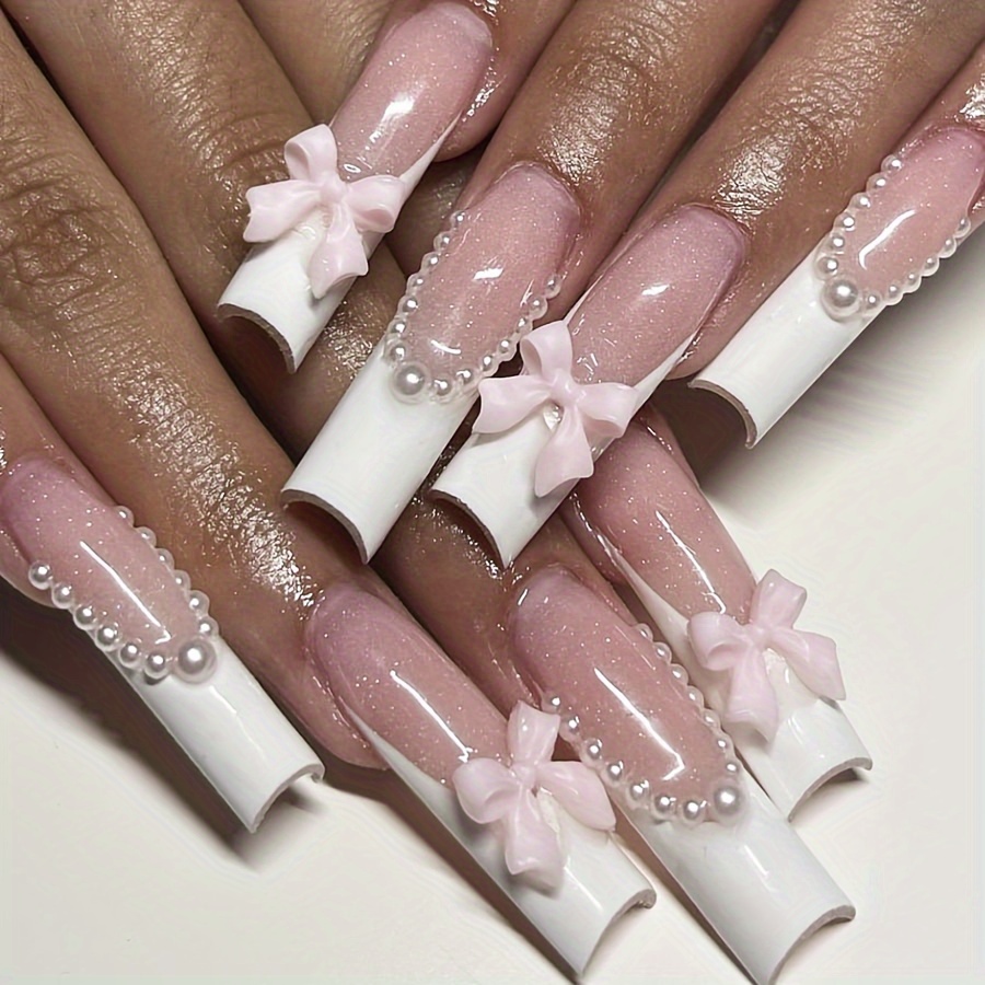 

24pcs 3d Pinkish Bow Press On Nails Long Coffin Fake Nails White French Tip Ballerina Acrylic Nails With Pearl Design Glossy Glue On Nails For Women Girls, Jelly Glue And Nail File Included
