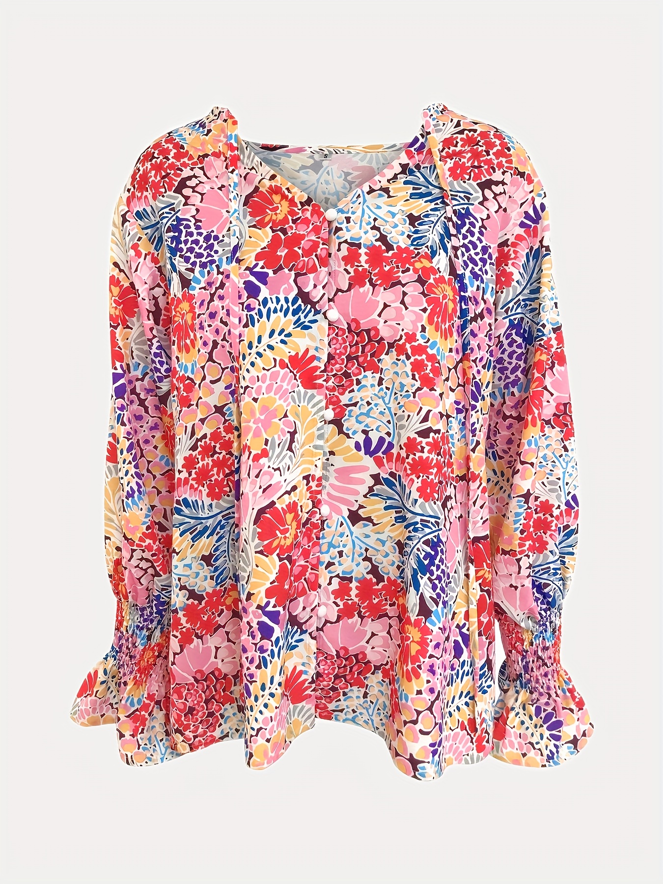 Floral Print Drawstring Blouse Boho V Neck Long Sleeve - Temu Canada