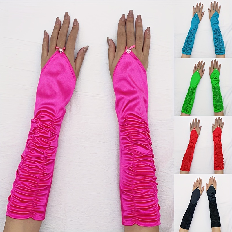 Bright Color Pleated Hook Gloves Long Satin Fingerless - Temu