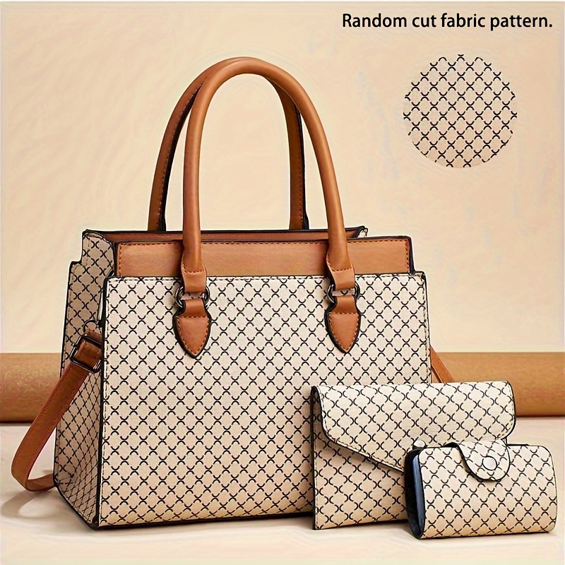 3Pcs Retro Geometric Pattern Tote Bag Set Faux Leather Shoulder Bag Clutch Coin Bag Perfect Women Bag Set For Daily Use