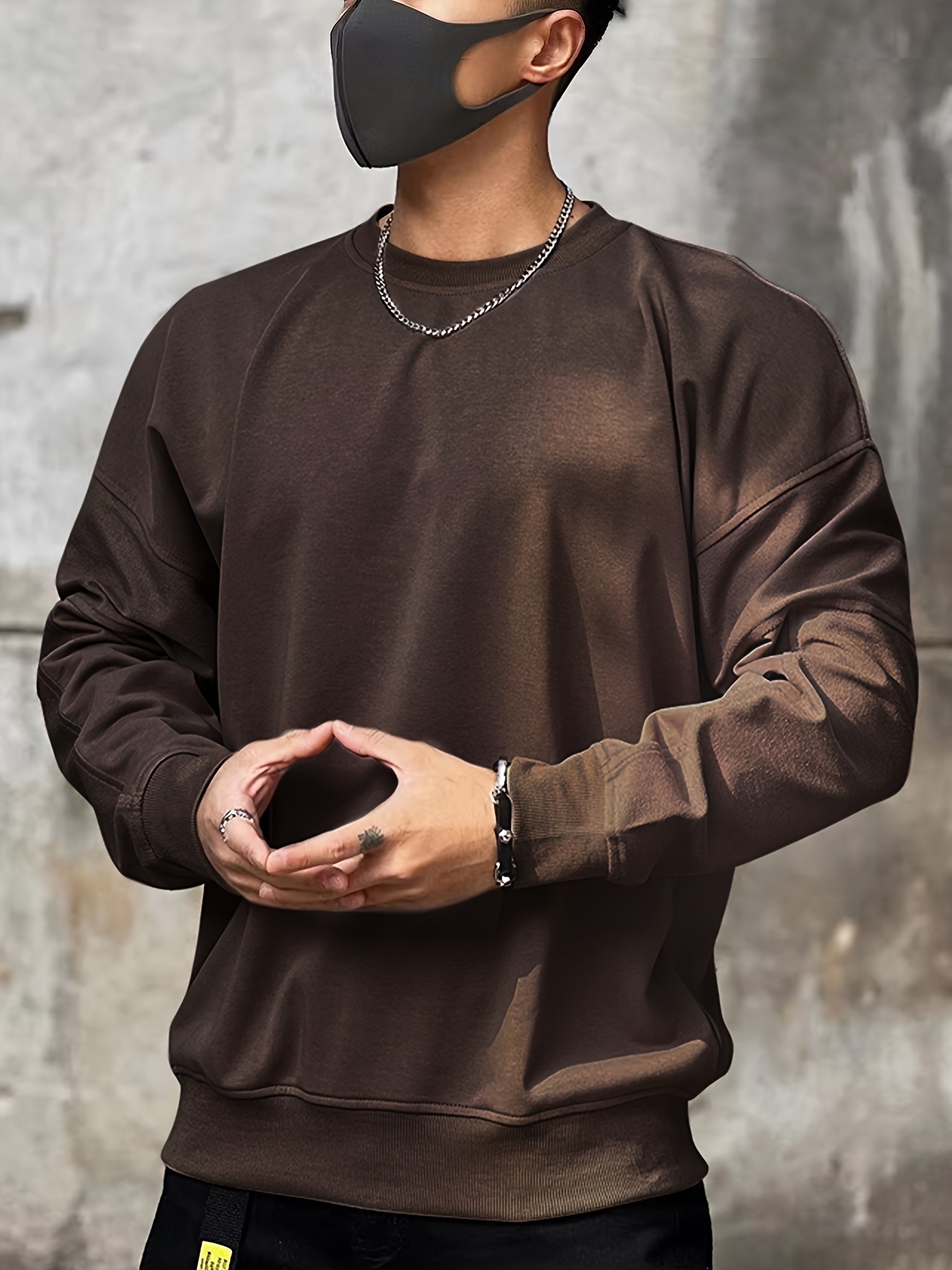 Men s Solid Color Round Neck Dropped Shoulder Sweatshirt Temu