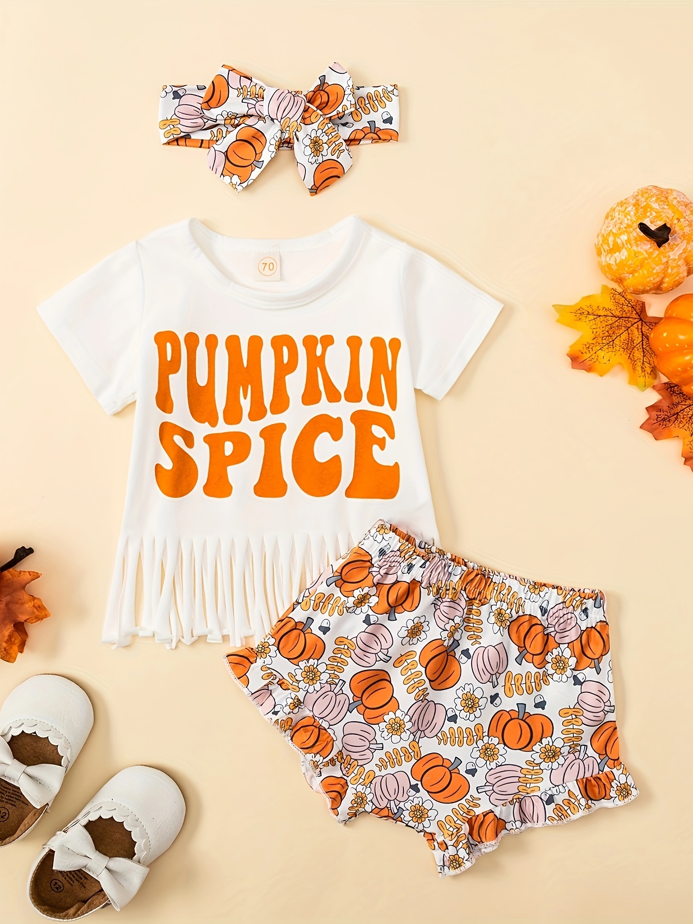 Pumpkin Fall Beige Baby Girl Bodysuit Dress & Headband Set