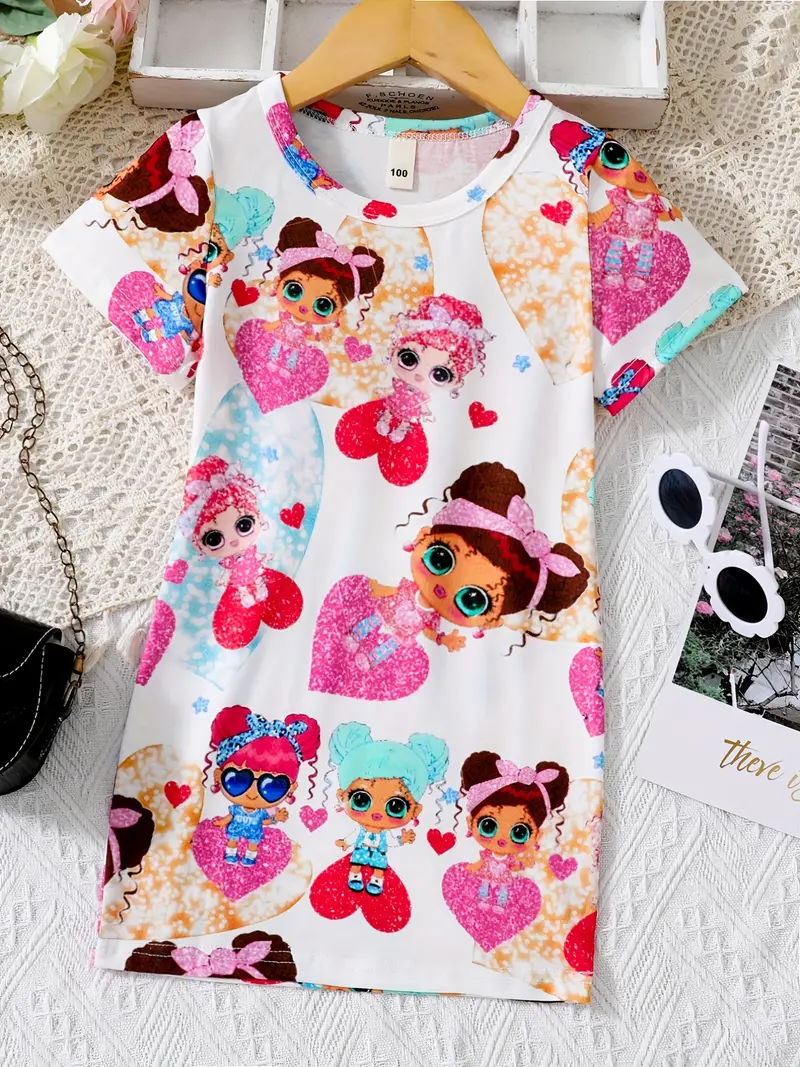 toddler girls cute cartoon shiny girl graphic crew neck casual t shirt dress for party kids summer clothes details 21