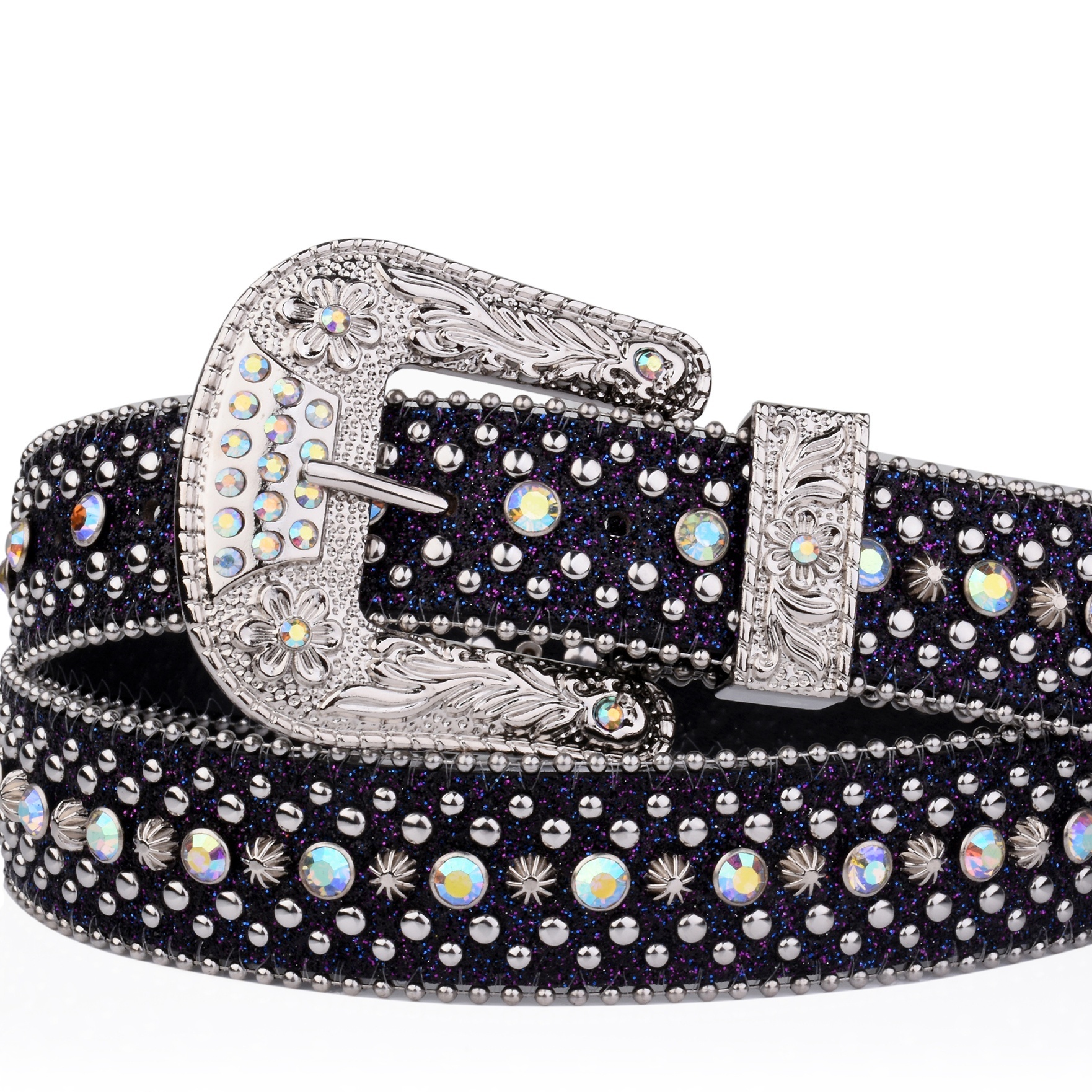 Engraved Buckle Y2K Belt Beads Rhinestone Decor Sparkling PU Belt
