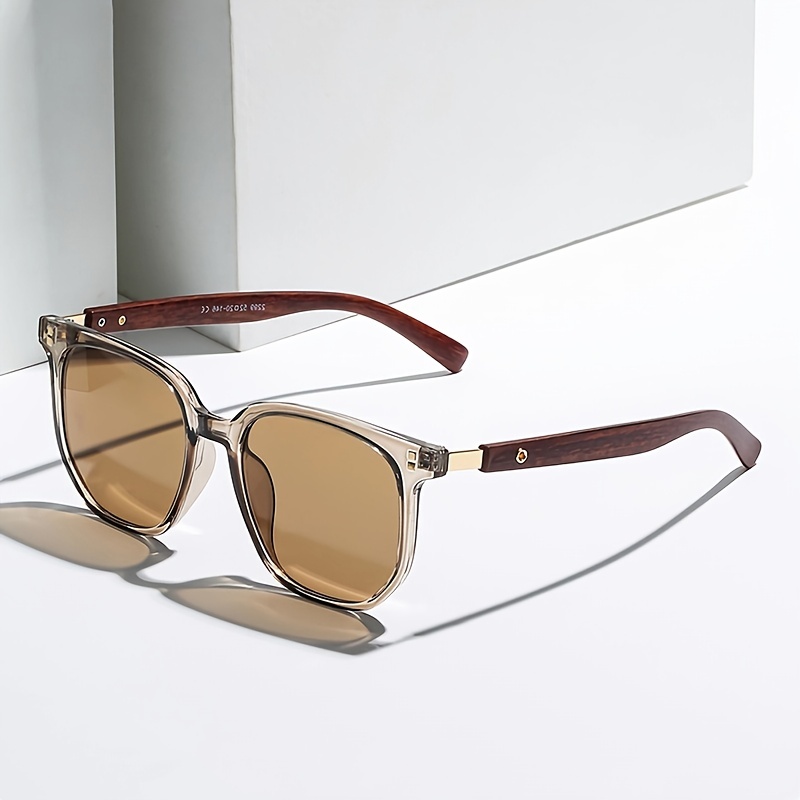1pc Men's Tea Brown Sunglasses, unisex Vintage Wood Grain Legs Square Frame Sunglasses, UV Protection,Sun Glasses,Temu