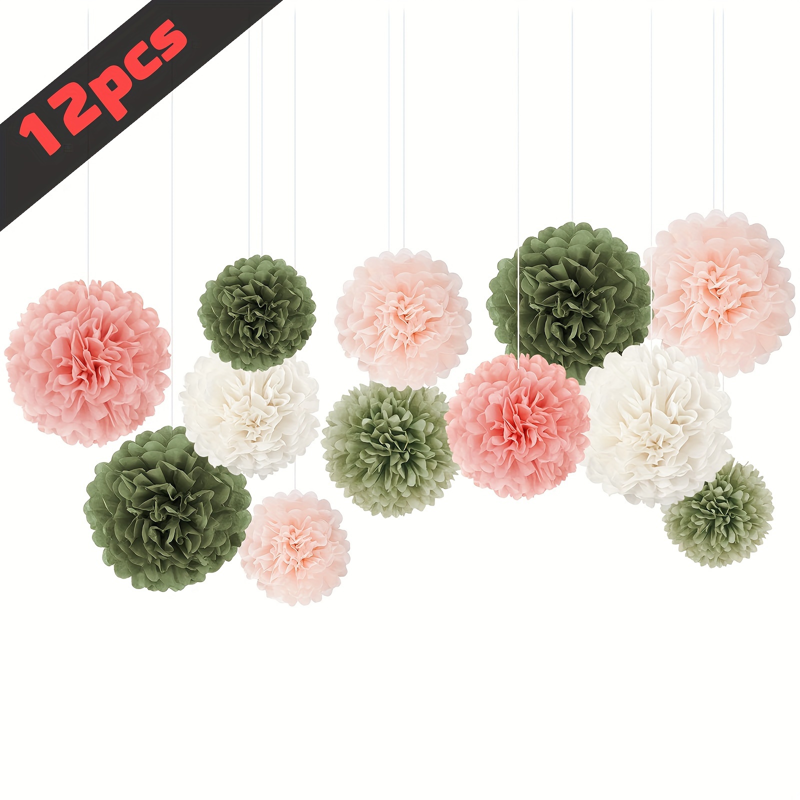

12pcs Sage Green Tissue Paper Pom Poms Party Decorations White Pink Green Birthday Decorations, Boho Neutral Wedding Bridal Shower Engagement Party Decorations Easter Gift