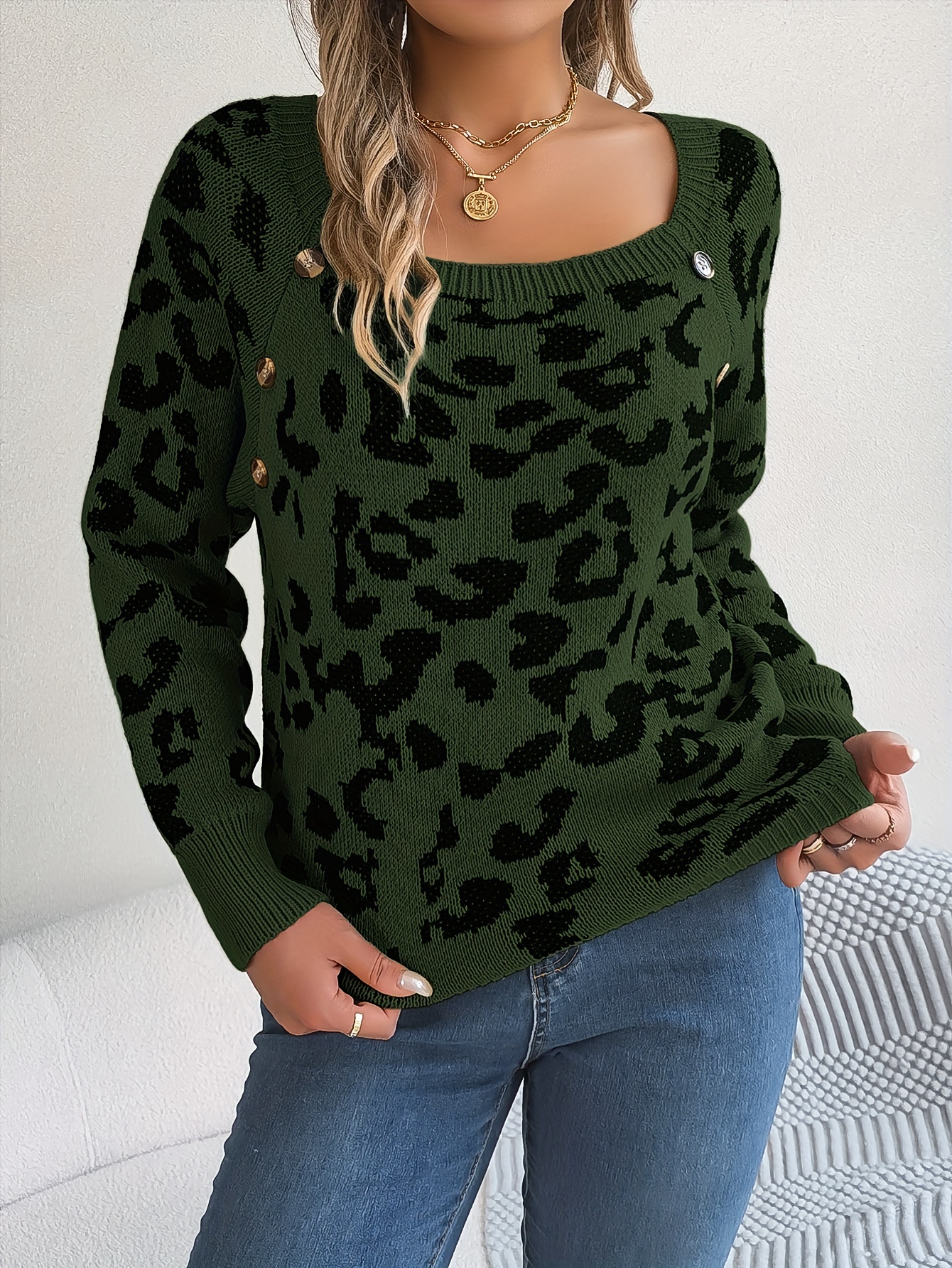 Green sweater on sale with leopard sleeves