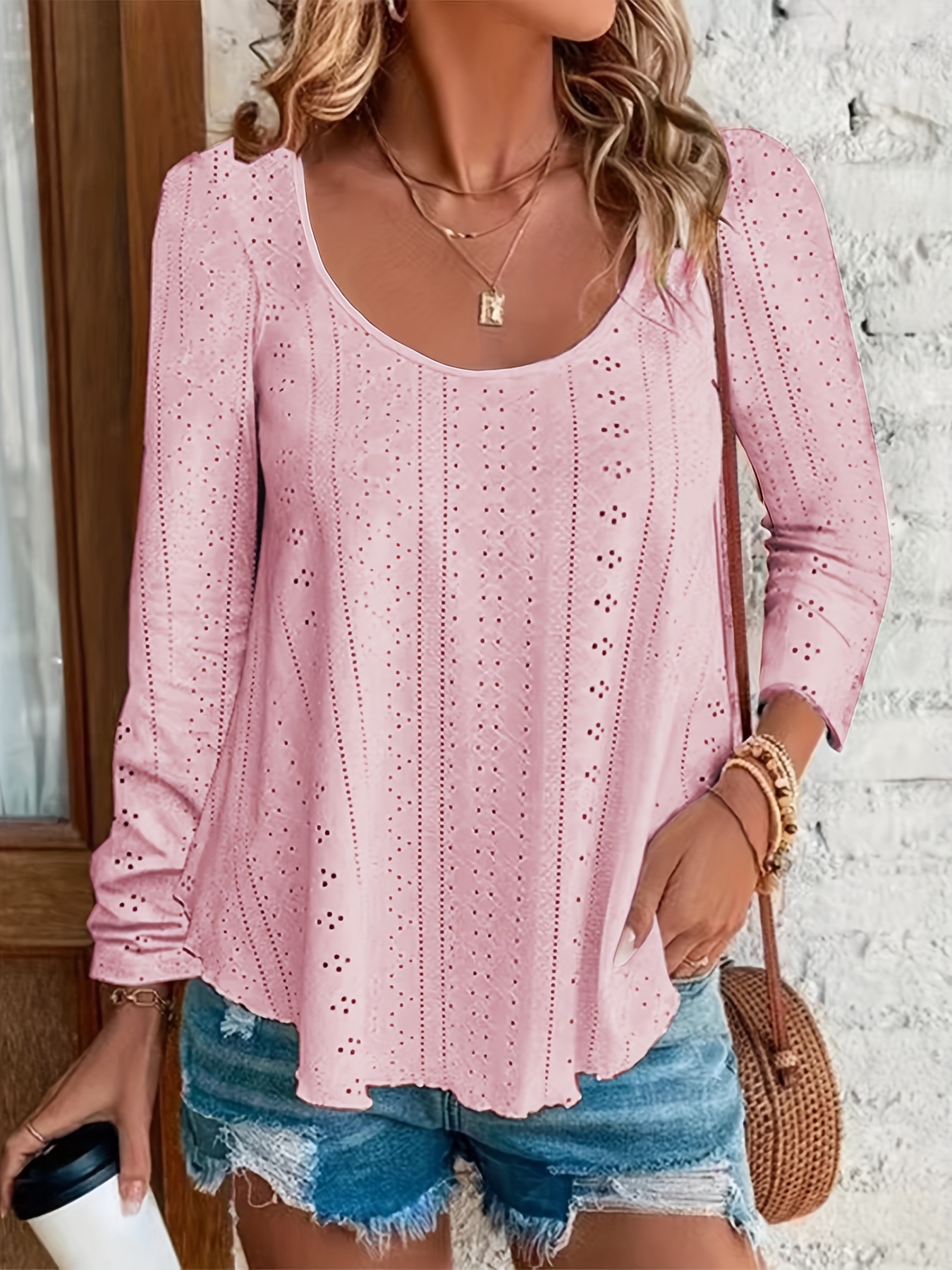 plus size elegant top womens plus solid eyelet embroidery long sleeve round neck slight stretch top