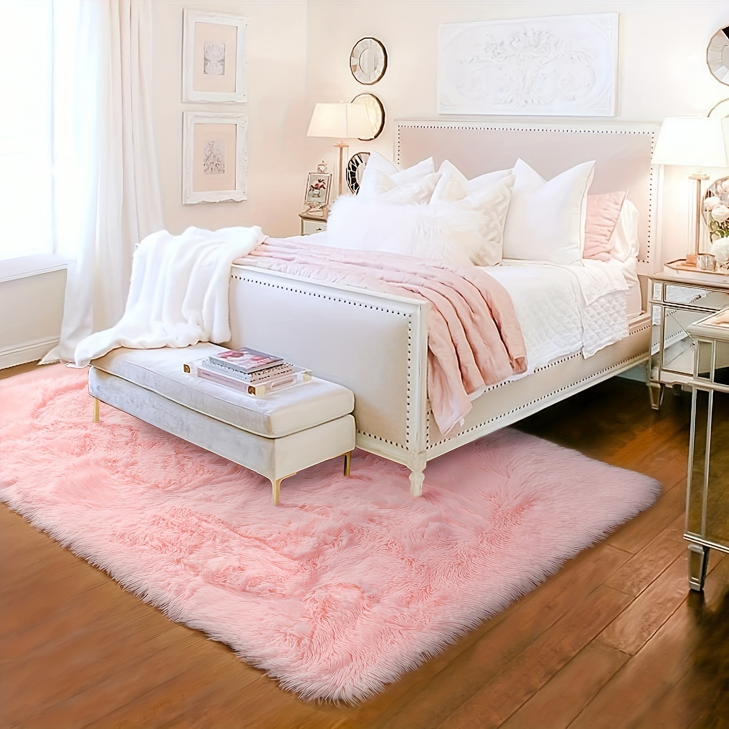 Alfombra infantil rosa y blanca para habitación de niña