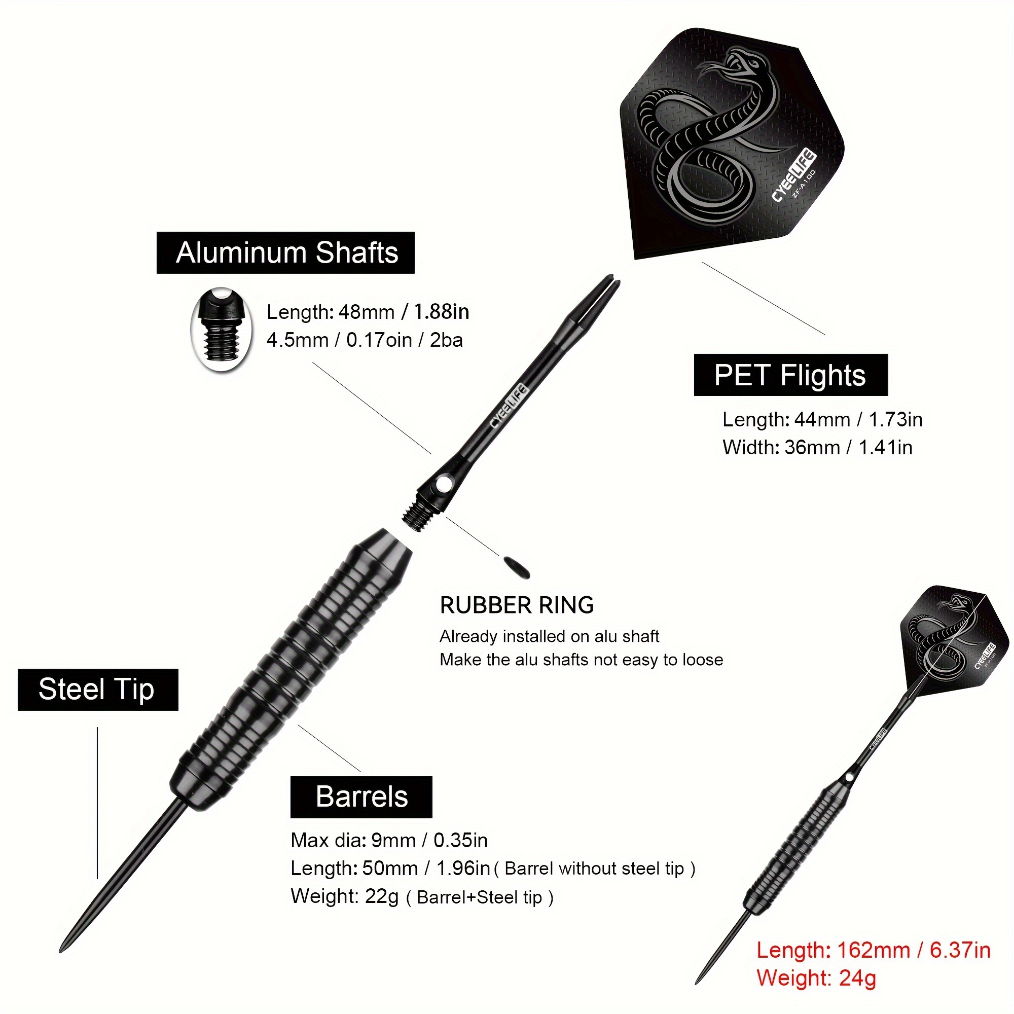 Cyeelife 3 Darts with Black Tail Fins, 24G Iron Dart Tubes, Hard Tip Darts