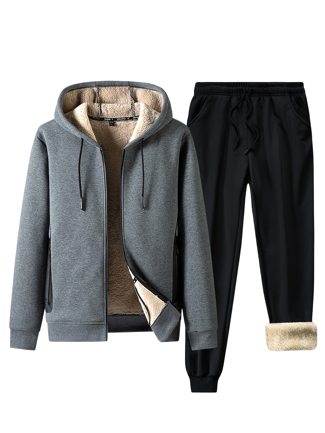 Winter Thick Warm Fleece Tracksuit Men Hooded 2 Piece Set Thermal  Jacket+Pants Sportswear Casual Sweat Suits