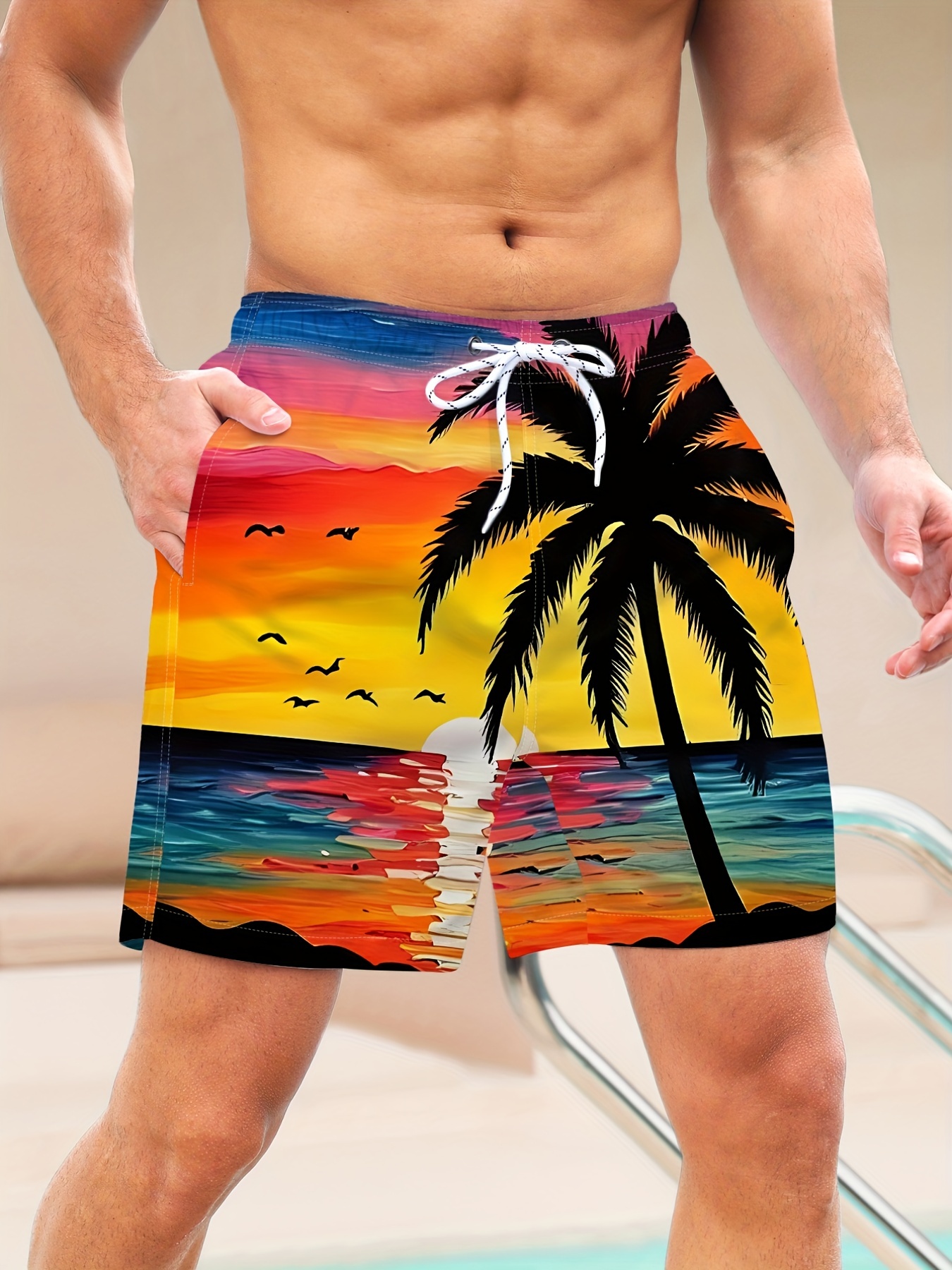 Quick-drying Drawstring Men's Swim Trunks, Beach Scenery Print Board Shorts, Men's Swimwear, Swim Shorts for Summer Beach Pool,Temu