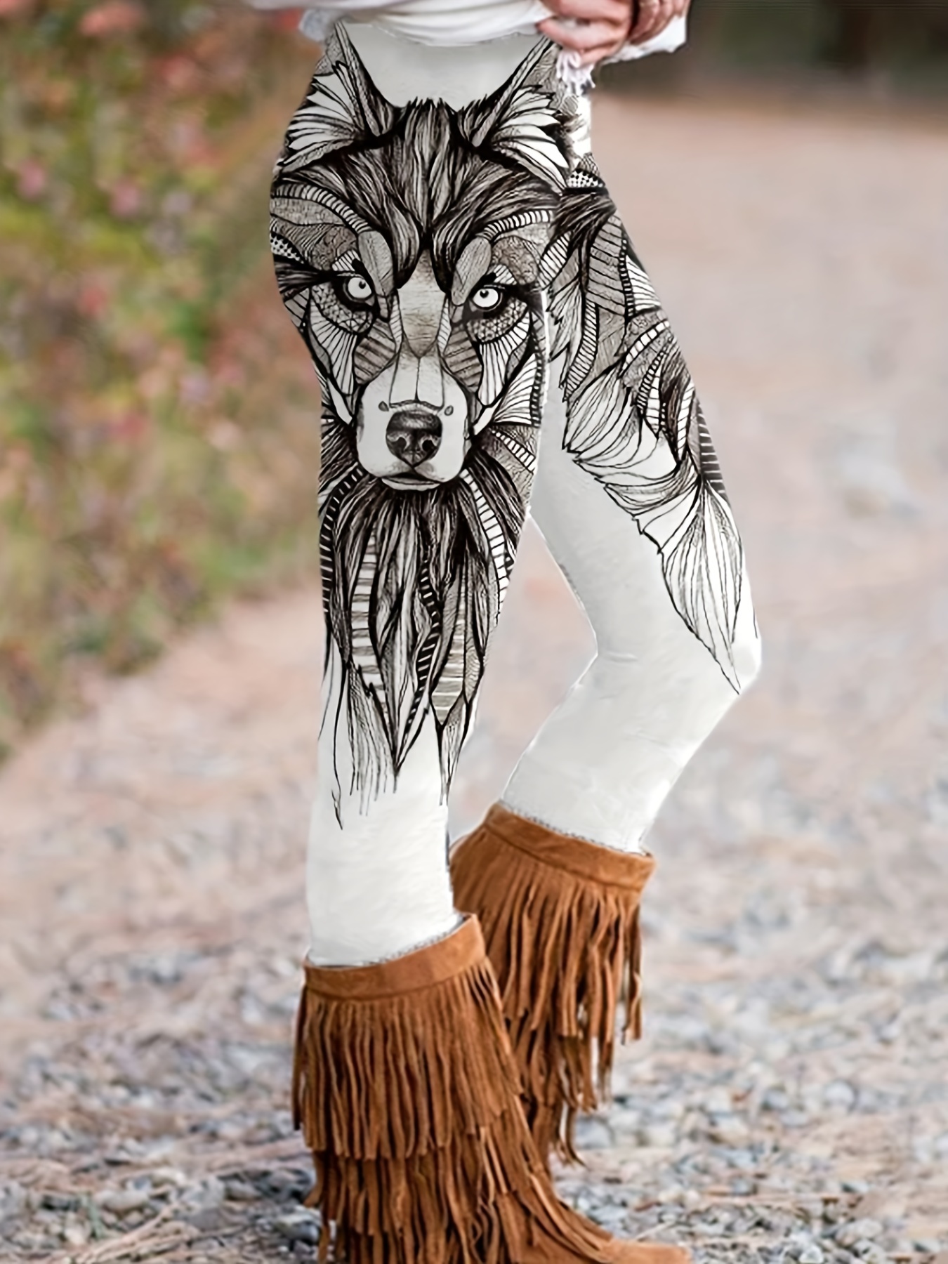 Plus Size Ethnic Style Leggings, Women's Plus Tribal Wolf Print Elastic  High Rise High Stretch Leggings