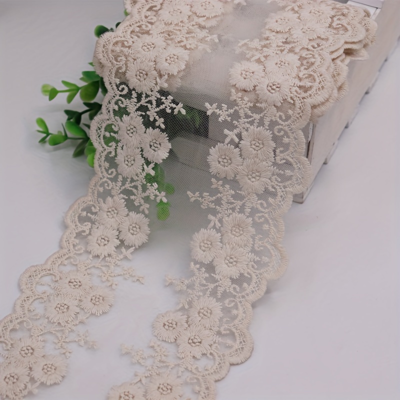 Ivory Lace Trim , Cotton Embroidered Mesh Lace With Scalloped Trim,  Embroidered Tulle Lace Trim, Scalloped Lace Trim 