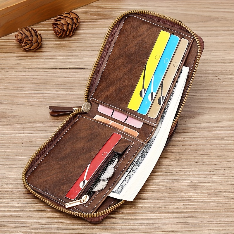 1pc Men's PU Button Decor Zipper Bag, Small Credit Card Holder, Bifold Wallet, Simple Portable Wallet