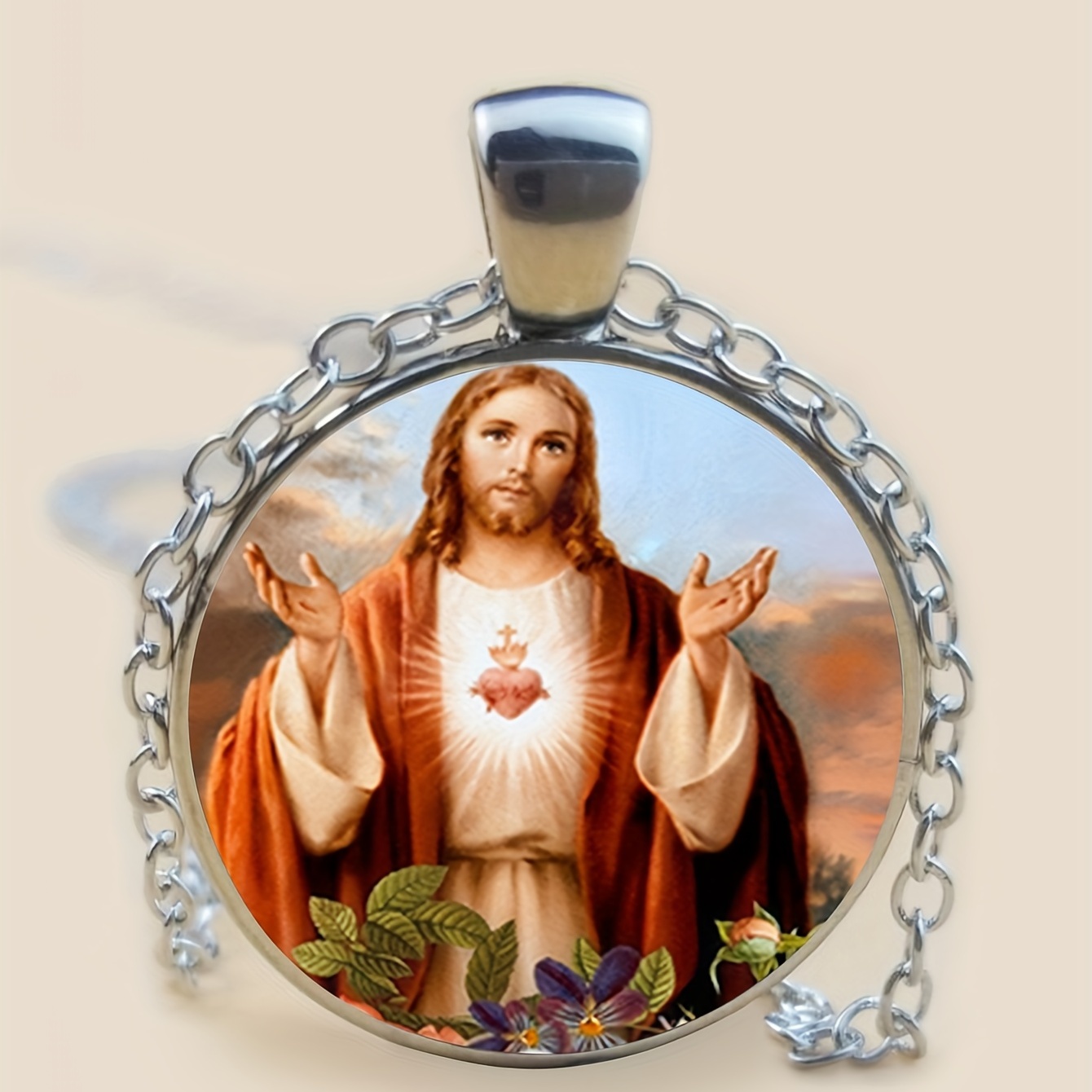 Religious Pendants， Round Sacred Heart of Jesus Medal-