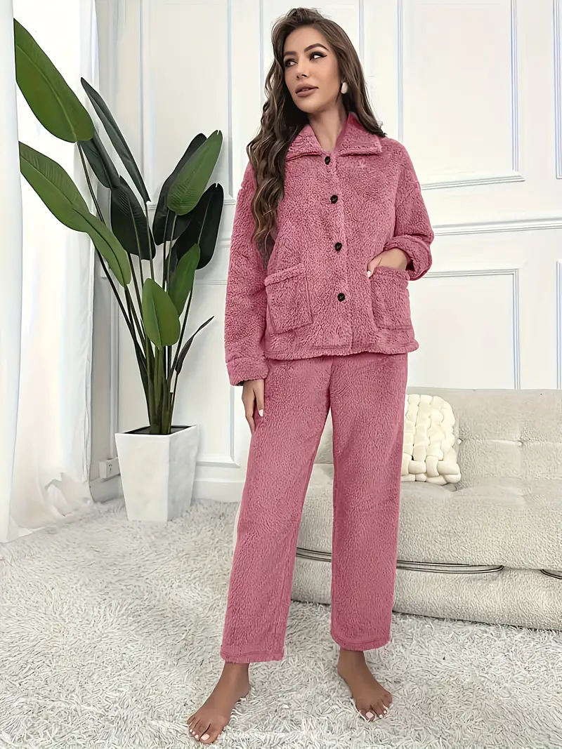 Casual Solid Fleece Pajama Set Thickened Long Sleeve Button - Temu