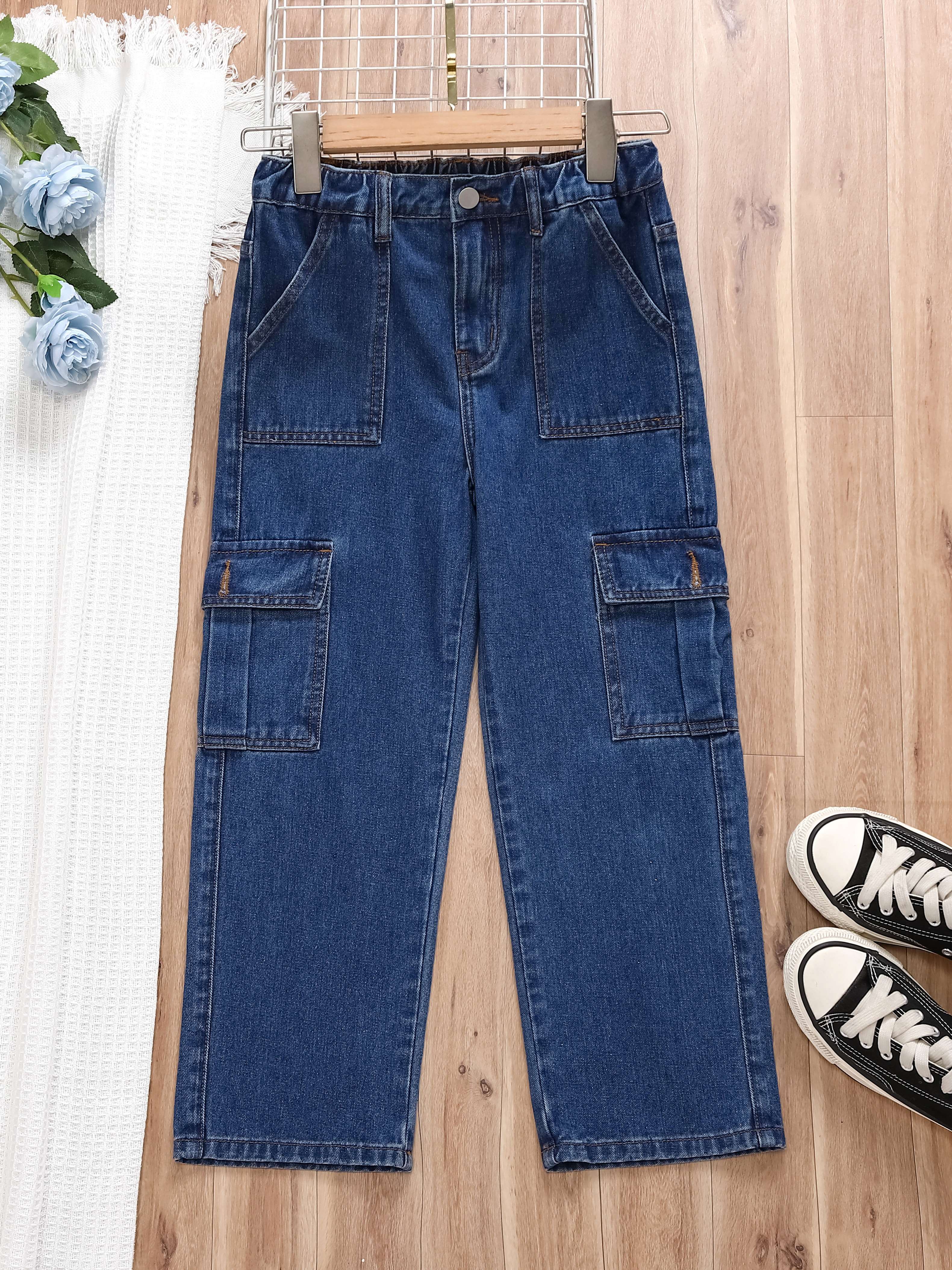 Teen Girl Fashion Light-Washed Denim Loose Fit Cotton Straight Cargo Pants,  Girl's Clothes