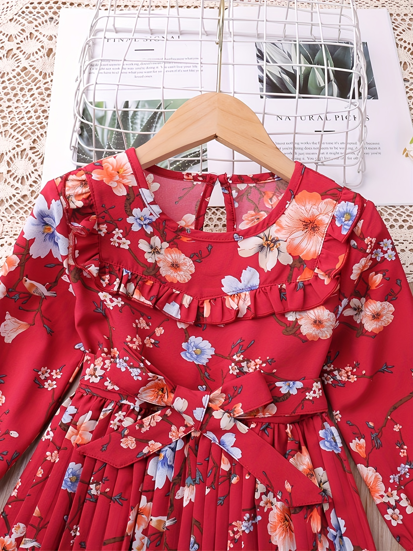 Girls Floral Botanical Print Long Sleeve Round Neck Dress - Temu